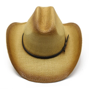 Detail of hand-woven straw cowboy hat featuring brown gradient brim and decorative rope