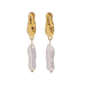Elegant gold-tone irregular metal earrings with baroque pearls on a clean white background