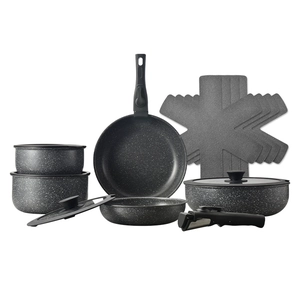 Detailed macro shot of the non-stick granite cookware set with detachable handle and lids