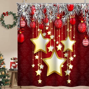 Detailed Christmas shower curtain featuring gold stars and red ornaments in a cozy room
