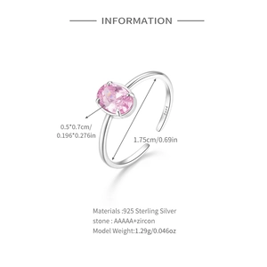 Detail of S925 sterling silver ring featuring an oval pink zircon with S925 hallmark