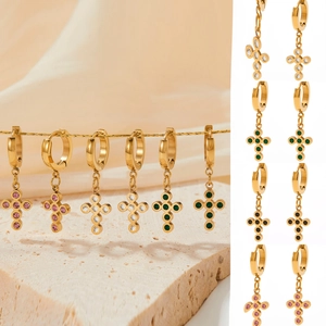 Cross Hoop Earrings Gold Plated Stainless Steel Colorful Zircon Baroque Vintage Dangle Jewelry For Women