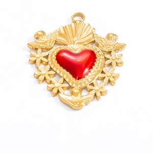 Golden 18k gold-plated sacred heart necklace pendant with red heart and angel details