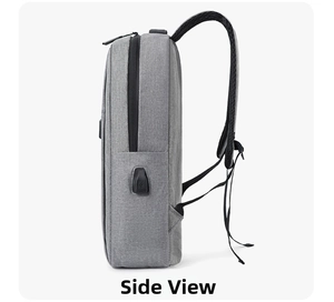 Detail view of the gray backpack showing the side USB charging port and breathable mesh strap