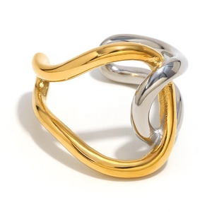 Two-tone intertwined stainless steel open ring with 18K gold and silver plating