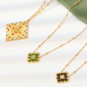 Vintage enamel pendant necklaces in gold stainless steel with heart and floral designs