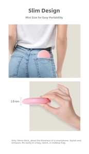 Slim 18mm thickness profile of a pink portable LED makeup mirror for compact storage