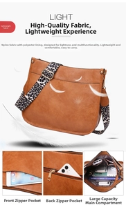 Nylon crossbody tote with leopard print strap and multi-pocket layout for travel