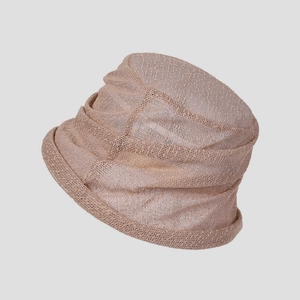 Detail of champagne lace bucket hat featuring delicate woven texture and pleated design