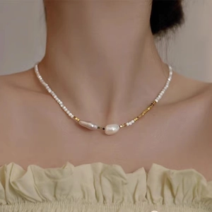 Baroque irregular pearl necklace with gold spacer beads for a French vintage aesthetic