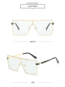 Detail of square gold metal sunglasses frame with positive and side view display