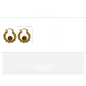 Detailed view of resin hoop earrings with gold woven texture and size parameters
