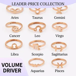 Zodiac Sign Ring 304 Stainless Steel 18k Rose Gold Plated Open Adjustable Minimalist Horoscope Jewelry For Women Men