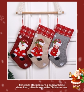 Detailed view of 3-pack knitted Christmas stockings with 3D Santa and Reindeer figures