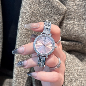 Elegant women's silver watch with pink rhinestone dial and stainless steel strap