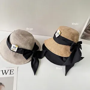 Cappello Bucket In Lino Intrecciato Protezione UV Tesa Larga Fiocco Apertura Posteriore Pieghevole Estate Donna