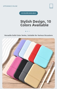 Flat folding makeup mirrors displayed in 10 Morandi colors on a light wooden background