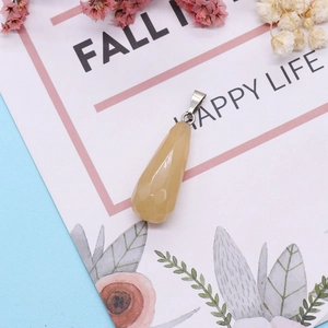 Faceted teardrop natural stone pendant in pale yellow with metal ring for DIY jewelry