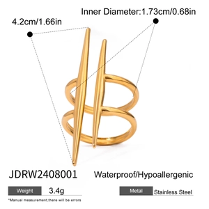 Detail view of golden stainless steel double band ring with dimensions and specs