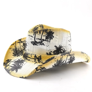 Western straw cowboy hat with yellow gradient and black palm tree prints for summer beach