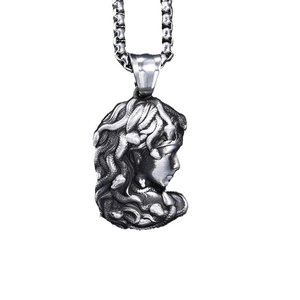 Retro stainless steel Medusa pendant necklace with vintage silver relief and chunky chain