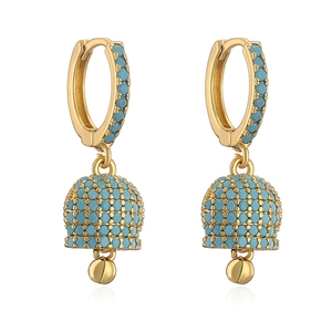 Luxurious gold U-shape hoop earrings with turquoise pavé bell pendants and small gold beads