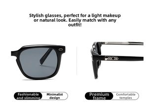 Detail of square black sunglasses featuring silver geometric metal accents on temples