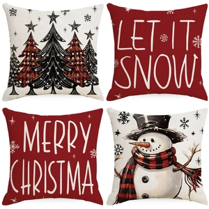 Taie Oreiller Noël Lin Housse Coussin Décorative Buffalo Plaid Bonhomme Neige Arbre Noël Décoration Canapé Festive