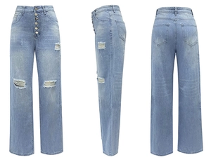 Vue en trois angles d'un jean bleu clair à coupe droite, taille haute avec détails déchirés