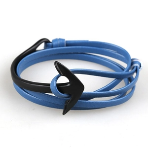 Close-up of blue multi-layer leather cord bracelet with a black metal anchor clasp