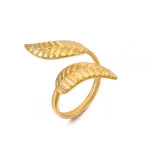 18K gold-plated stainless steel leaf ring with an adjustable open design for women