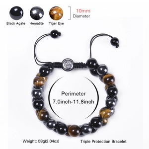 Double-layered 10mm tiger eye, black agate and hematite bead bracelet for men