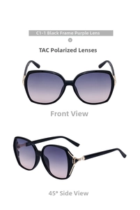 Détail de lunettes de soleil carrées polarisées avec verres dégradés violets et décor d'or