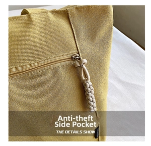 Detail of canvas tote bag featuring an anti-theft side pocket with zipper and braided puller
