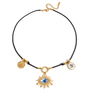 Vintage 18K gold stainless steel Hamsa hand and evil eye pendant necklace on black wax rope