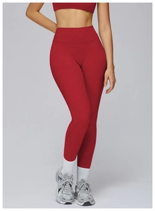 Close-up of high-waisted dark red brushed yoga leggings and matching sports bra set
