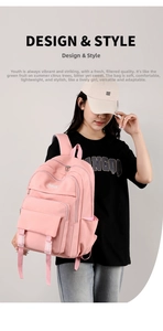 Zaino rosa in nylon impermeabile con tasche multiple e grande capacità per scuola e sport