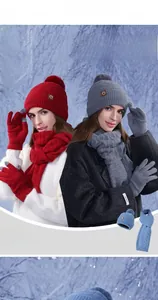 Ensemble d'hiver 3 pièces avec bonnet à pompon, écharpe et gants tactiles en plusieurs tons