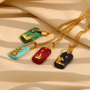 18K gold plated stainless steel square pendant necklaces with star galaxy acrylic inlay