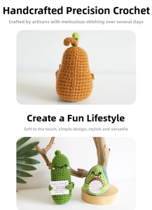 Macro detail of handmade crochet positive potato and pear dolls with encouraging cards