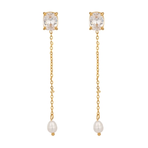 Detailed view of elegant gold drop earrings with zircon studs and natural freshwater pearls