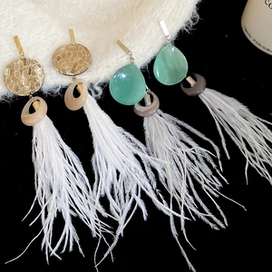 Détail des boucles d'oreilles ethniques en résine avec de longues plumes blanches élégantes