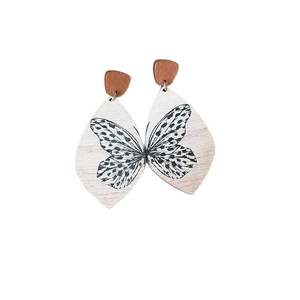 Vintage wood earrings with butterfly pattern and leaf-shaped pendants for women