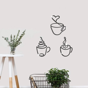 Detailed view of 3D black acrylic coffee cup wall stickers with glossy mirror finish