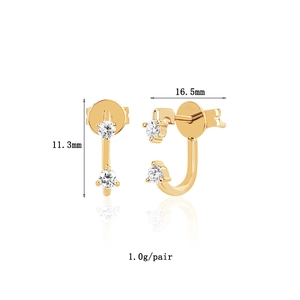 Detail view of J-shaped gold earrings with measurements 11.3mm by 16.5mm weighing 1.0g