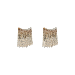 Elegant gold tassel earrings with scalloped wavy edges and long metallic fringe detail