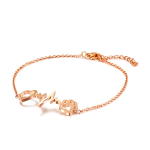Rose gold stainless steel heart and cat paw charm bracelet with heartbeat line detail