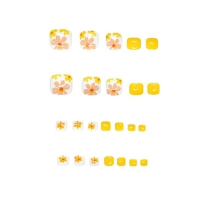 24pcs short square yellow floral press-on toenails with small daisy patterns and glossy finish