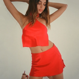 Sexy red halter top and mini skirt two-piece satin set for women in elegant silk finish