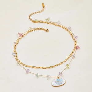 Double-layered stainless steel necklace with colorful natural stones and fish pendant